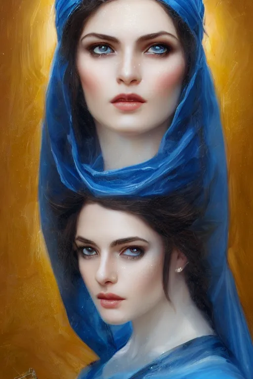 Prompt: Ameera al-Taweel, bright blue eyes, long wavy black hair, white veil, closeup, focus face, elegant, highly detailed, centered, oil painting, artstation, concept art by tom bagshaw