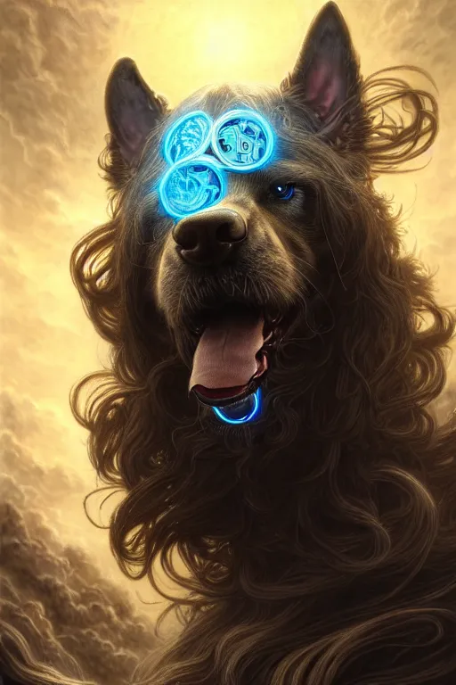 Prompt: dog as a god with flowing hair and blue eyes, very detailed face, detailed features, fantasy, circuitry, explosion, dramatic, intricate, elegant, highly detailed, digital painting, artstation, concept art, smooth, sharp focus, illustration, art by gustave dore, octane render, mucha,