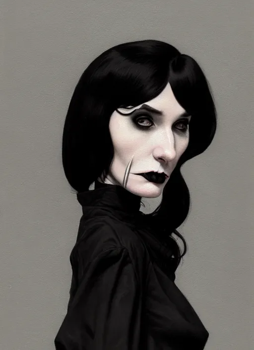 Image similar to portrait of a strange woman with a crooked nose and a confident expression, 1 9 6 0 s, black clothes, goth, punk, funk, intricate, elegant, highly detailed, digital painting, artstation, concept art, smooth, sharp focus, illustration, art by wlop, mars ravelo and greg rutkowski