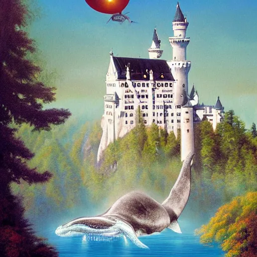 Prompt: a happy cyber whale is floating above castle neuschwanstein, it is a beautiful morning, painting by ed Binkley and Gerald Brom