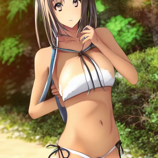 Prompt: cute anime girl in bikini wanting to go home
