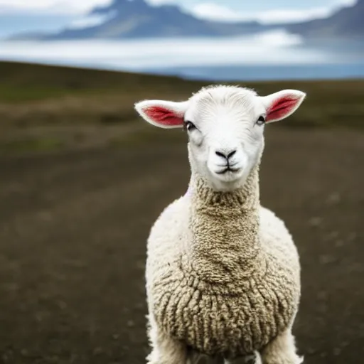 Prompt: lamb wearing a sweater staring at the camera, mid torso up frame, bokeh, iceland hills in the background