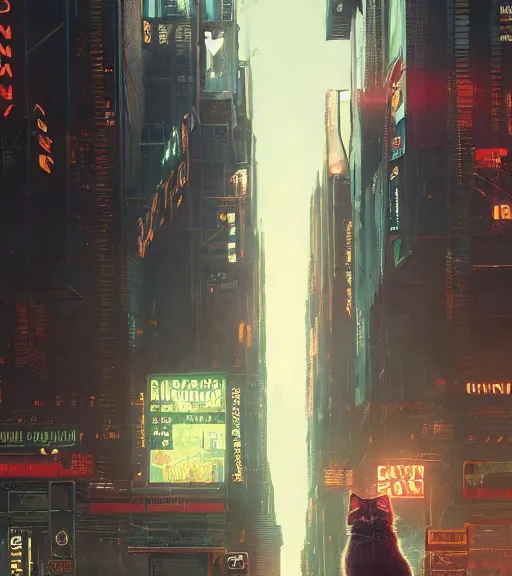 Image similar to new york city portrait of furry anthro anthropomorphic common house cat head animal person fursona wearing clothes strange cybernetic muzzle gloomy rainy screenshot from the video game cyberpunk 2077 digital art by Greg Rutkowski, Simon Stalenhag, christopher nolan trending on Artstation, CGSociety