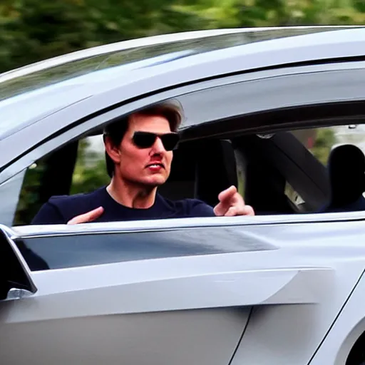 Prompt: selfie, tom cruise driving his tesla