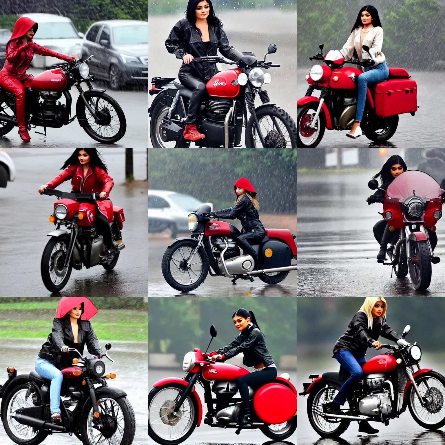Prompt: mid shot photograph of kylie jenner riding a red royal enfield bike in rainy weather