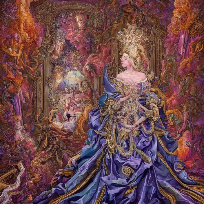 Image similar to beautiful oil painting, full length portrait of dauphinois in baroque coronation robes 1701, Dan Mumford, Dan Mumford, Alex grey, highly detailed , lsd visuals, dmt fractal patterns, hallucinogen, visionary art, psychedelic art, ornate, vaporwave, baroque, Greg rutkowski