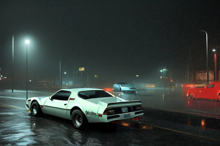 Image similar to hyperdetailed, photorealistic photograph of a 1 9 8 2 pontiac firebird trans - am drifting in the streets, rain, night, dense fog, hd, unreal engine 5 by greg rutowski, by stanley artgerm, by alphonse mucha