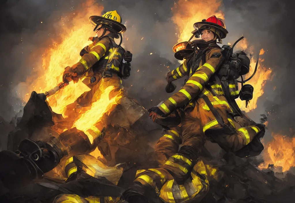 Image similar to one heroic firefighter in action in black and yellow uniform, fire flames, sharp details, sharp focus, realistic, highly detailed, illustration, by jordan grimmer and greg rutkowski and pine ( ハイネ ) and 薯 子 imoko and 香 川 悠 作 and wlop and maya takamura, intricate