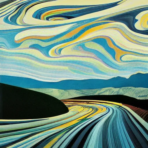 Image similar to A wild, insane, modernist landscape painting. Wild energy patterns rippling in all directions. Curves, organic. Saturated color. Mountains. Clouds. Rushing water. Wayne Thiebaud.