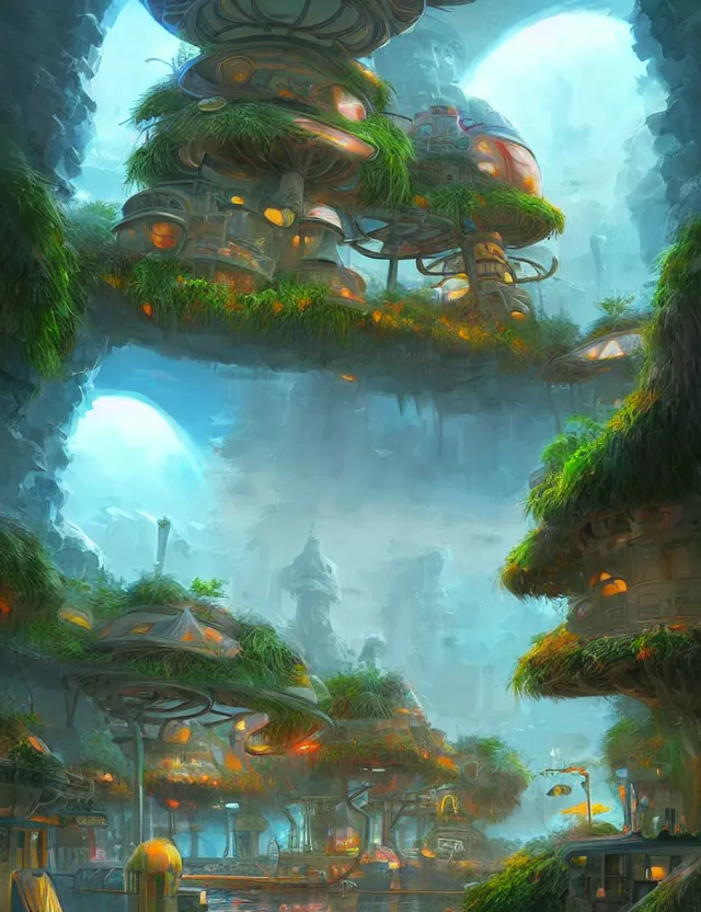 Image similar to futuristic but cozy fantasy village at a tropical coast. this air brush painting by the award - winning concept artist has an interesting color scheme, plenty of details and impeccable lighting.