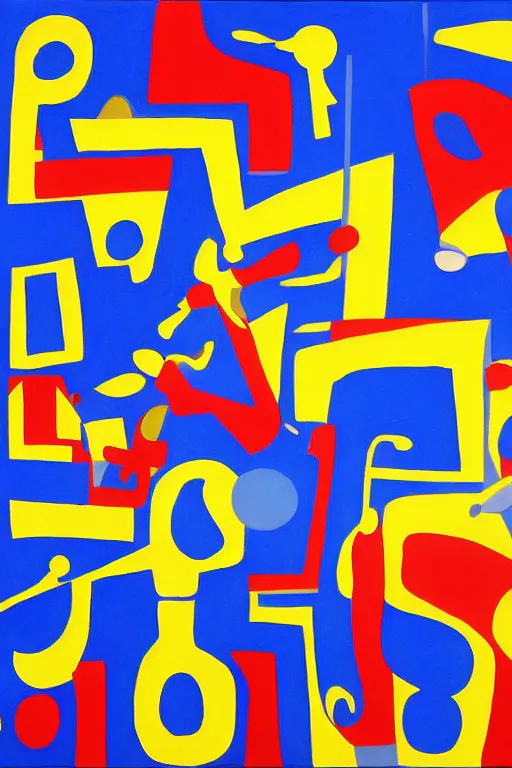 Image similar to Abstract painting representation of jazz musicians, musical notes, the letters J,A,Z, and Z in the style of Stuart Davis colors cobalt blue, ultramarine blue, yellow, red, white, black