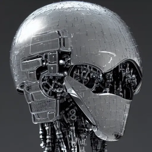 Prompt: complex chromium cybernetic endoskeleton built of spheres : : in a dark gray room wearing frosted glass like translucent armor plates : : highly detailed