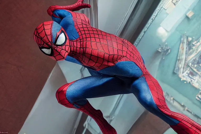 Image similar to wide-shot of Spiderman as the maid in the new movie directed by Wes Anderson, symmetrical shot, idiosyncratic, relentlessly detailed, pastel, limited colour palette, detailed face, movie still frame, promotional image, imax 70 mm footage