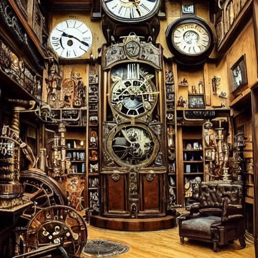 Image similar to interior of a giant beautiful steampunk clock shop, father time, nautical wooden grandfather clocks everywhere, realistic, very intricate hyper detailed masterpiece by arthur rackham