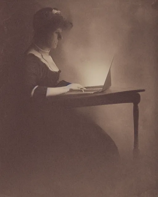 Image similar to 1 9 0 0 s photo of a person on a macbook pro old photo grain double exposure