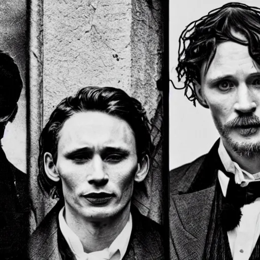 Image similar to early victorian headshot photograph of cillian murphy, tom hardy, tom hiddleston, very grainy, blurry, 1 8 4 0 s, 1 8 5 0 s, realistic face, rare