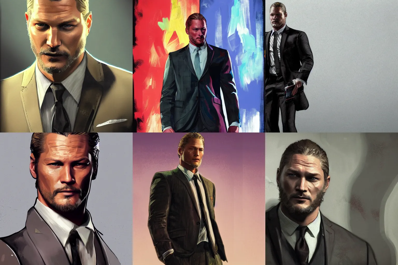 Prompt: Travis Fimmel as a Grand Theft Auto 5 loading screen, wearing a suit, expressive face, intricate, highly detailed, digital painting, artstation, oppressive lighting, sharp focus, concept art, illustration, art by anthony macbain + greg rutkowski + alphonse mucha