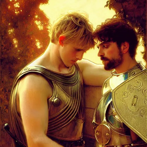 Image similar to attractive arthur pendragon and his attractive male knight, they are in love, natural lighting, path traced, highly detailed, high quality, digital painting, by gaston bussiere, craig mullins, alphonse mucha j. c. leyendecker