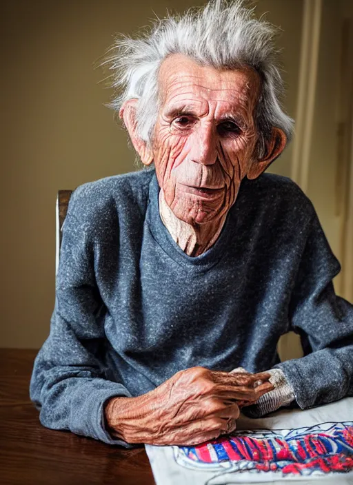 Image similar to DSLR photo portrait still of 132 year old age 132 Keith Richards at age 132!!!, 85mm f1.8