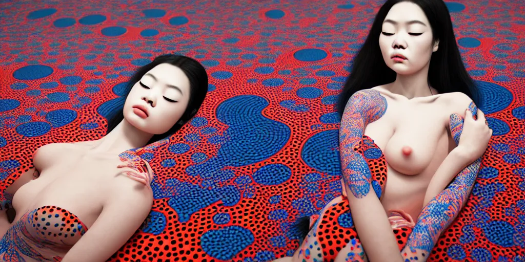 Image similar to hyperrealistic detailed image of a geisha laying in a art installation room, hd smooth interior by yayoi kusama, part by kei mieno, part by ross tran, dark art by james jean, ultra realistic, highly detailed, life like face, detailed body, 8 k, 3 d render by roger magrini, very cohesive, masterpiece