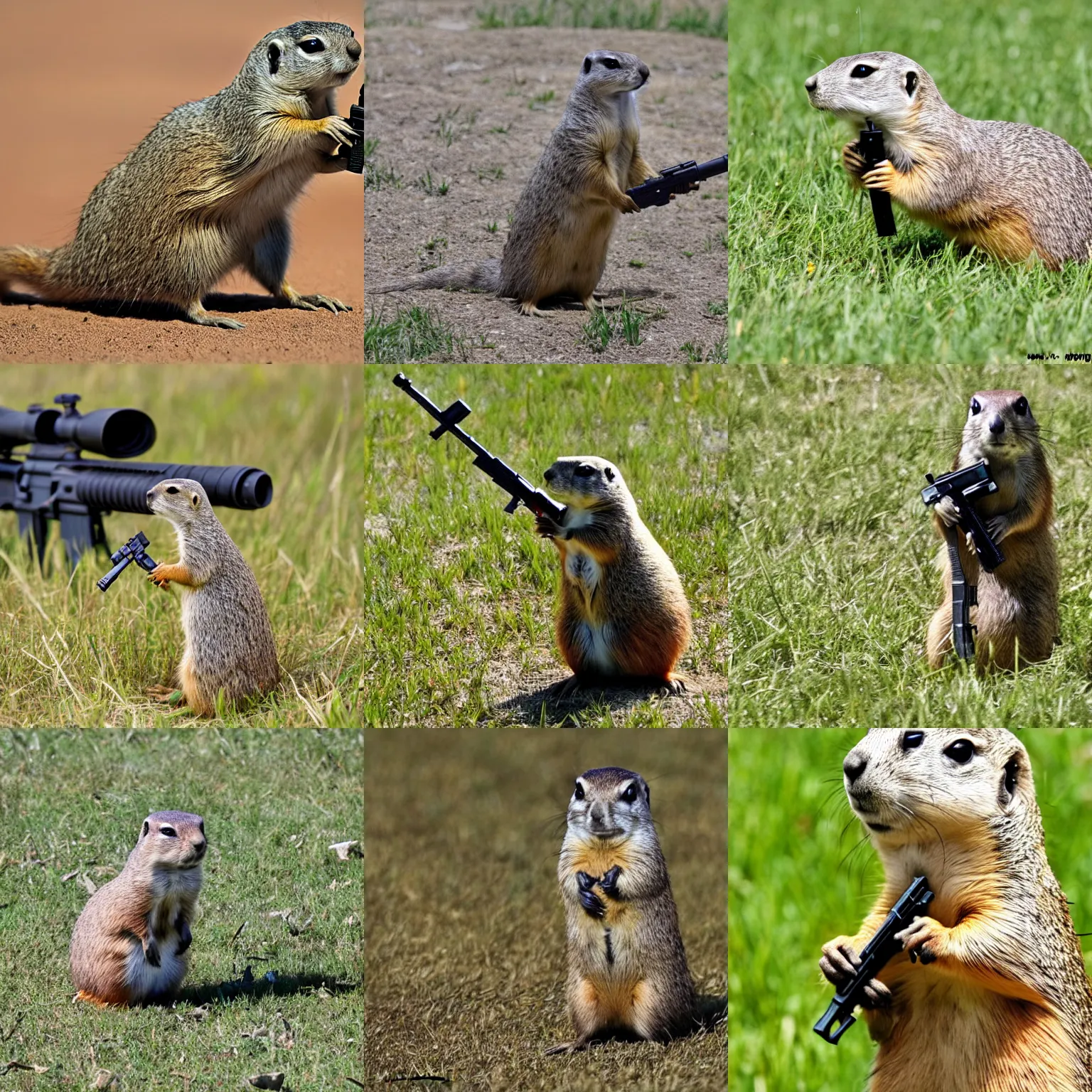 Prompt: a very hangry prairie dog. holding an m 1 6, aiming, lying on the grass