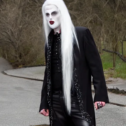 Image similar to Full picture of a white hair dracula wearing Dr. Martens shoes