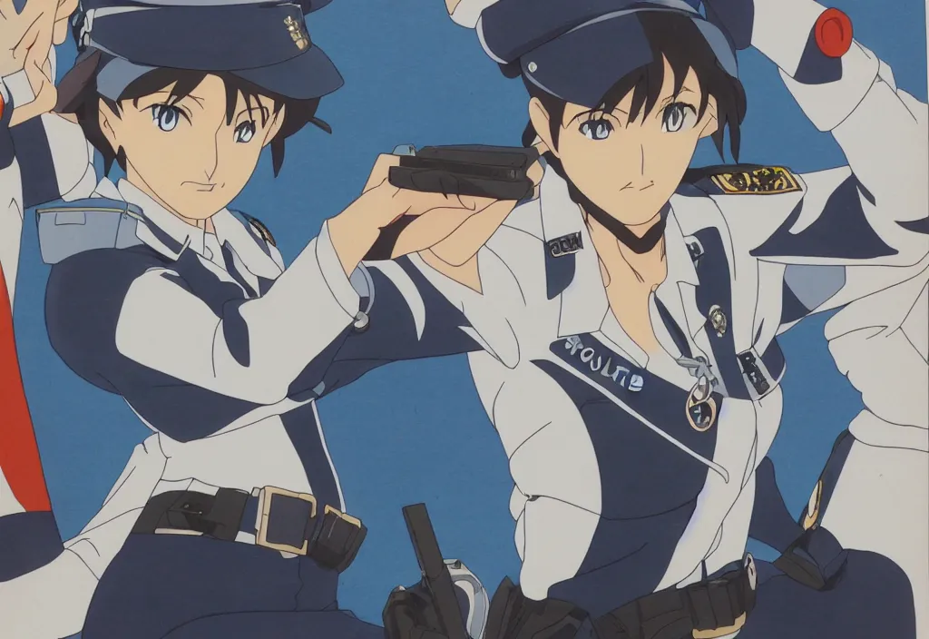 Image similar to police woman, animation cel for anime movie, designed by haruhiko mikimoto