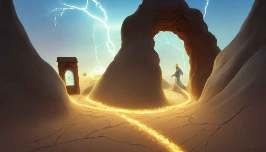 Prompt: a glowing magical gate inside a sand tsunami fantasy time in the desert to another dimension, focus gate, protal, a man watching over, lightning by, caspar david friedrich by james gilleard and justin gerard, artstation, smooth, sharp focus, by jean baptiste, octane render