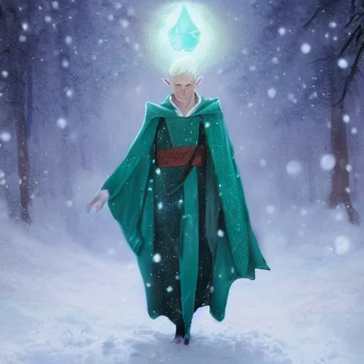 Image similar to portrait of a handsome pointy - eared male snow elf in a turquoise cape, albino skin, pointy ears, mid - shot, moonlight snowing, ethereal opalescent mist, winter vibes, perfect face, elegant, very coherent symmetrical artwork, by greg rutkowski, alphonse mucha, charlie bowater, trending on artstation