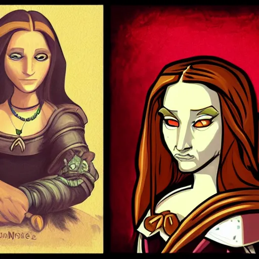 Image similar to monalisa, cartoon, rpg character, humblewood art style, concept art, fantasy