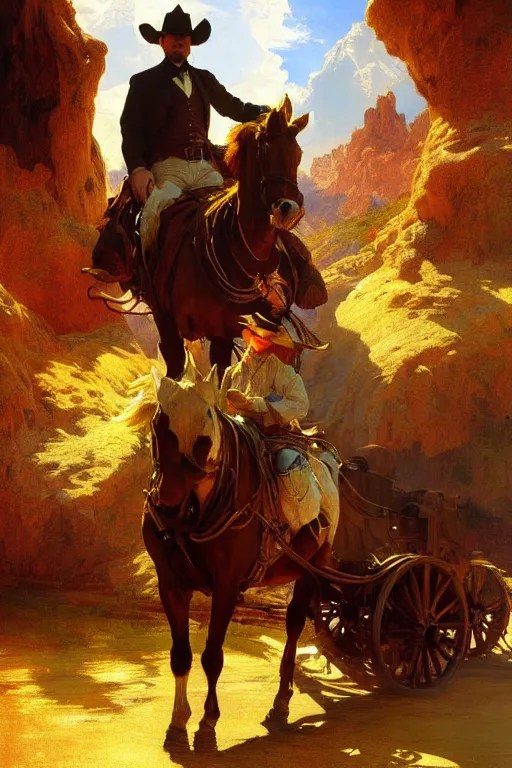 Image similar to hyperrealist portrait of a cowboy driving stage coach by thomas moran and fredrick remington and alphonse mucha, fantasy art, photo realistic, dynamic lighting, artstation, poster, volumetric lighting, very detailed faces, 4 k, award winning