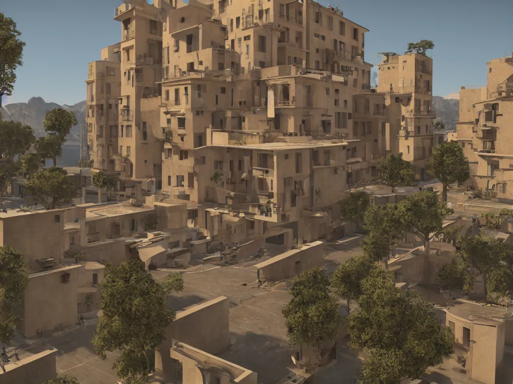 Prompt: italian rationalist architecture from the 1 9 4 0's, unreal engine 5 render, highly detailed, warm colors, warm lighting, 3 5 mm, 8 k