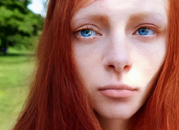 Image similar to close up portrait photograph of a anesthetic beautiful!!! thin young redhead woman with russian descent, sunbathed skin, symmetric face!!! with deep blue ((Symmetric round eyes!!! )) . Wavy long maroon colored hair. she looks directly at the camera. Slightly open mouth, face takes up half of the photo. a park visible in the background. 55mm nikon. Intricate.