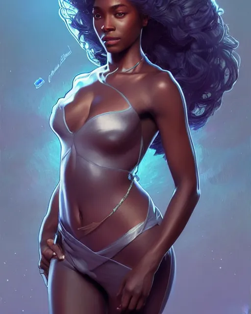 Image similar to Portrait of very very very very very very beautiful nigerian woman, spacesuit, blue eyes, real life skin, intricate, elegant, highly detailed, artstation, concept art, smooth, sharp focus, art by artgerm and greg rutkowski and alphonse mucha