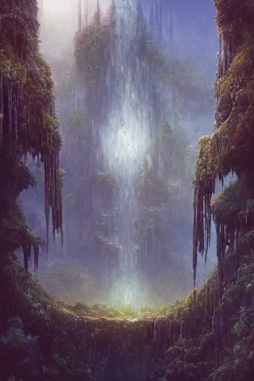 Image similar to amazing concept painting, by Jessica Rossier and HR giger and Beksinski, Rivendell, terraces, hallucination, garden of eden