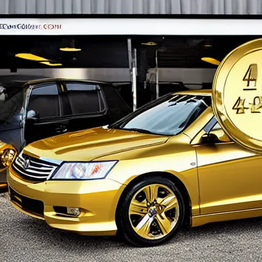 Prompt: A 24 karat gold Honda Accord on display at an auction.