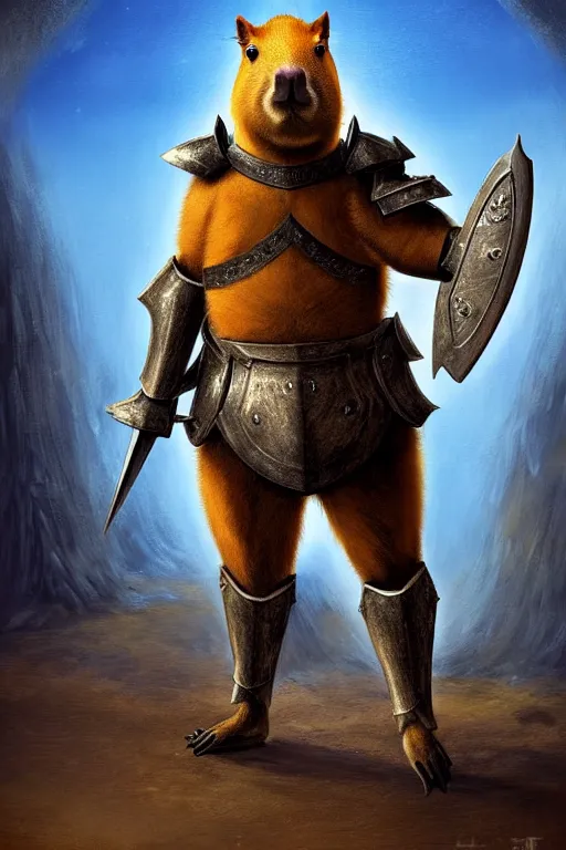 Image similar to a capybara in the style of an armored knight, as a matte oil painting and d & d art, fullbody, blue magic, arcane plasma, sharp focus, award - winning, extremely detailed, 4 k,