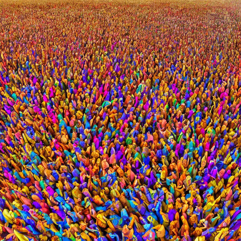 Prompt: wide angle octane render by wayne barlow and carlo crivelli and glenn fabry, a huge massive crowd of people wrapped in colorful patterned blankets being hit by a massive colorful golden wave, cinema 4 d, ray traced lighting, very short depth of field, bokeh