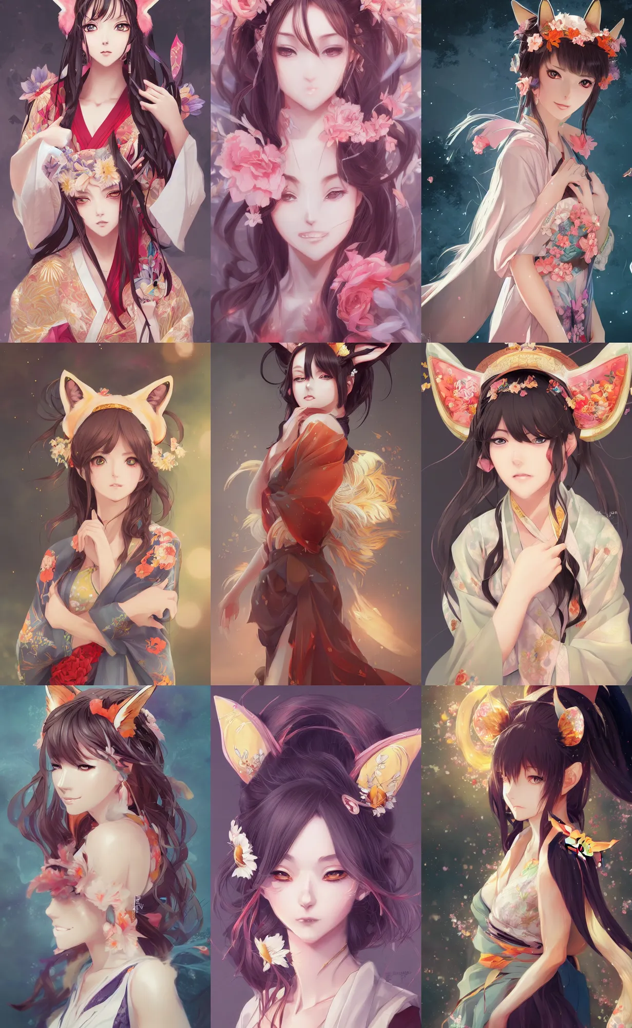Prompt: A beautiful anime-style digital concept portrait of a beautiful lady with fox ears wearing a kimono, by Stanley Artgerm Lau, WLOP, Rossdraws, LeraPi, and Sakimichan, trending on ArtStation, deviantart, SFW version