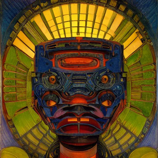 Image similar to the robot in her intricate mechanical mask, by annie swynnerton and diego rivera and kit williams and leo and diane dillon and nicholas roerich, symbolist, dramatic lighting, elaborate geometric ornament, art brut, god rays, soft cool colors, smooth, sharp focus, extremely detailed, adolf wolfli