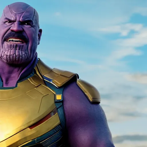 Prompt: film still of Steve Harvey as Thanos in Avengers Endgame film, 4k cinematic