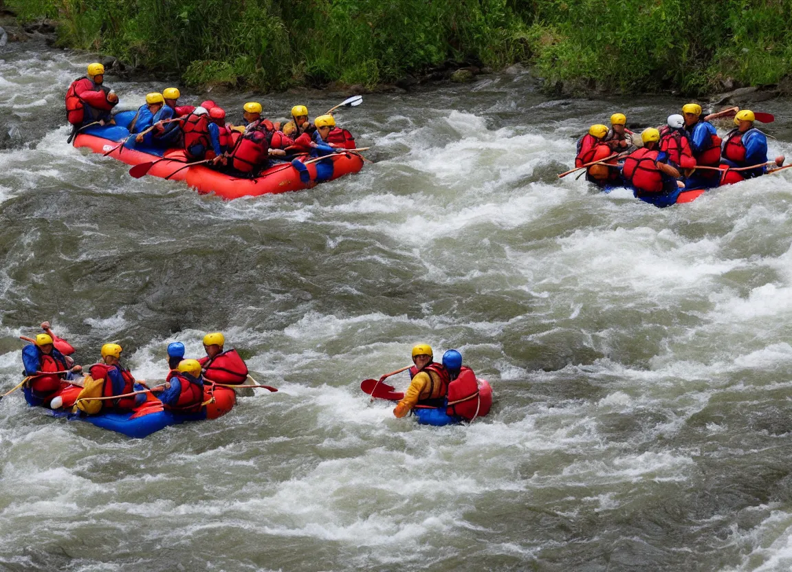 Prompt: river rafters going through class rapids by moebius, ultra detailed