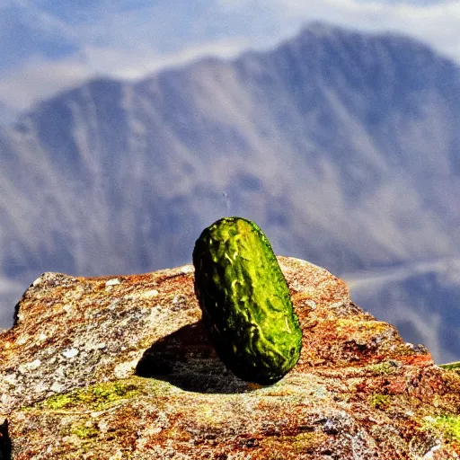 Image similar to A hyper realistic pickle standing on top of a mountain, scenic, realism, 8k,