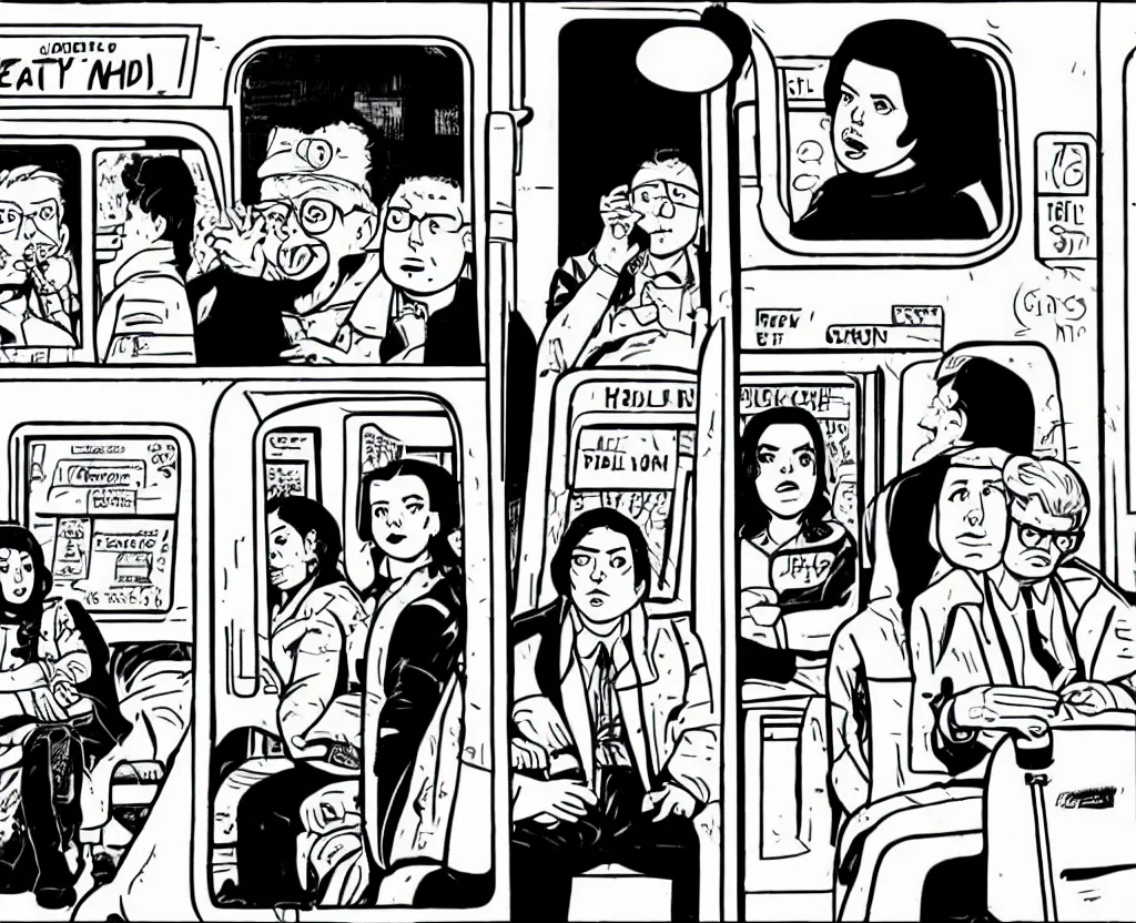 Image similar to comic panel drawn in the style of Daniel Clowes and Adrian Tomine and Gabrielle Bell, of a sad woman in a parka who looks like Aubrey Plaza, sitting near a slightly overweight friendly middle-aged German businessman in a suit, with short blond hair and mustache, in a mostly empty Chicago subway train, full-figure ¾ angle