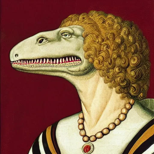 Prompt: portrait of an anthropomorphic tyrannosaurus rex, dressed as an italian queen, sandro bottecelli, 1 5 0 0