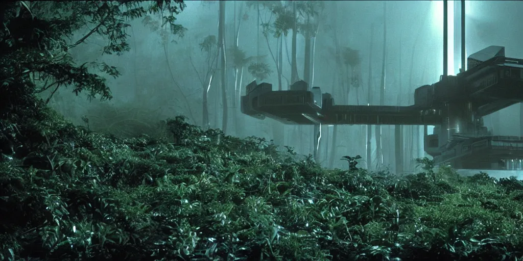 Image similar to film still of a dark futuristic scientific research outpost with complicated machinery and lasers in a moist foggy jungle, science fiction, ridley scott, lights through fog, futuristic outpost building, wet lush jungle landscape, dark sci - fi, 1 9 8 0 s, beige and dark atmosphere, ridley scott