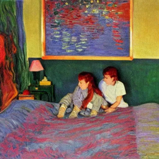 Image similar to monet painting of a 90s bedroom, kids sitting around playing nintendo, colorful,