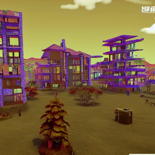 Prompt: ethereal vaporwave wooden village under attack by Duke Nukem