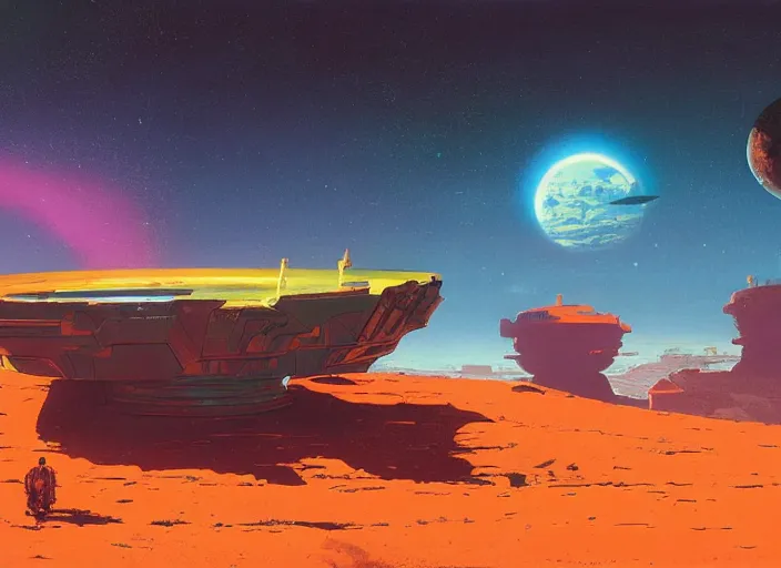 Prompt: a brightly - coloured spacecraft in a stunning landscape by martin deschambault, dean ellis, peter elson, josan gonzalez, david a hardy, john harris, wadim kashin, angus mckie, moebius, bruce pennington, sci - fi art