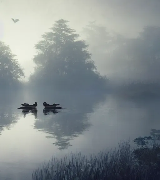 Image similar to three crows in a little boat in a swamp, volumetric lighting, fog, majestic light, octane render, ethereal glare of the sun, hyperrealistic, epic, masterpiece, by greg rutkowski